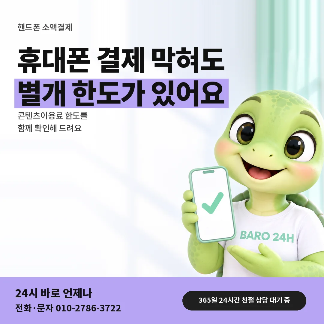 휴대폰을 든 BARO 24H 티셔츠를 입은 3D 거북이 캐릭터 옆에 「핸드폰 콘텐츠이용료 한도」 제목을 얹은 안내 카드