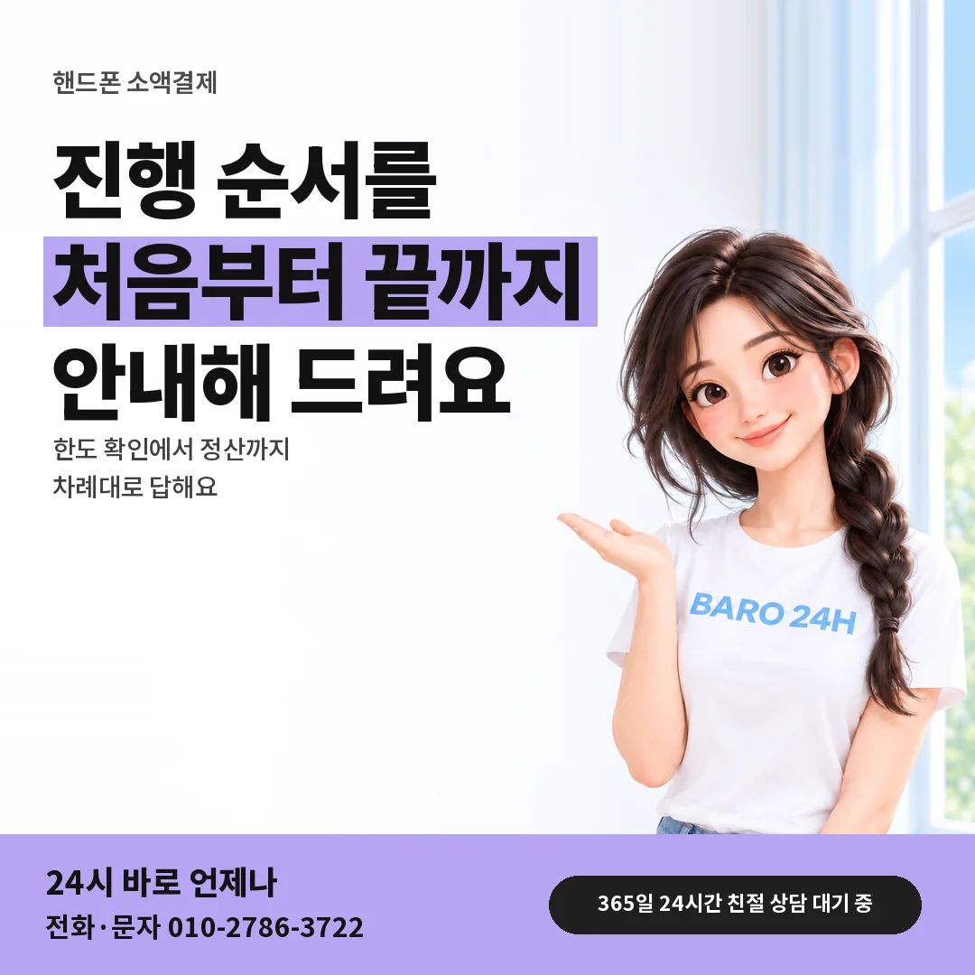 BARO 24H 티셔츠를 입은 3D 인물 옆에 「핸드폰 소액결제 진행 순서」 제목을 얹은 안내 카드